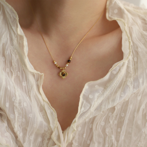 Elegant Women's Locking Bone Chain Necklace - Simulated Ruby Square with Gold Plating, Vintage Style