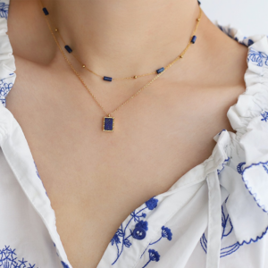 Elegant Women's Geometric Locking Bone Chain Necklace - Natural Turquoise Square with Gold Plating, Titanium Steel Plated Gold Vintage Style